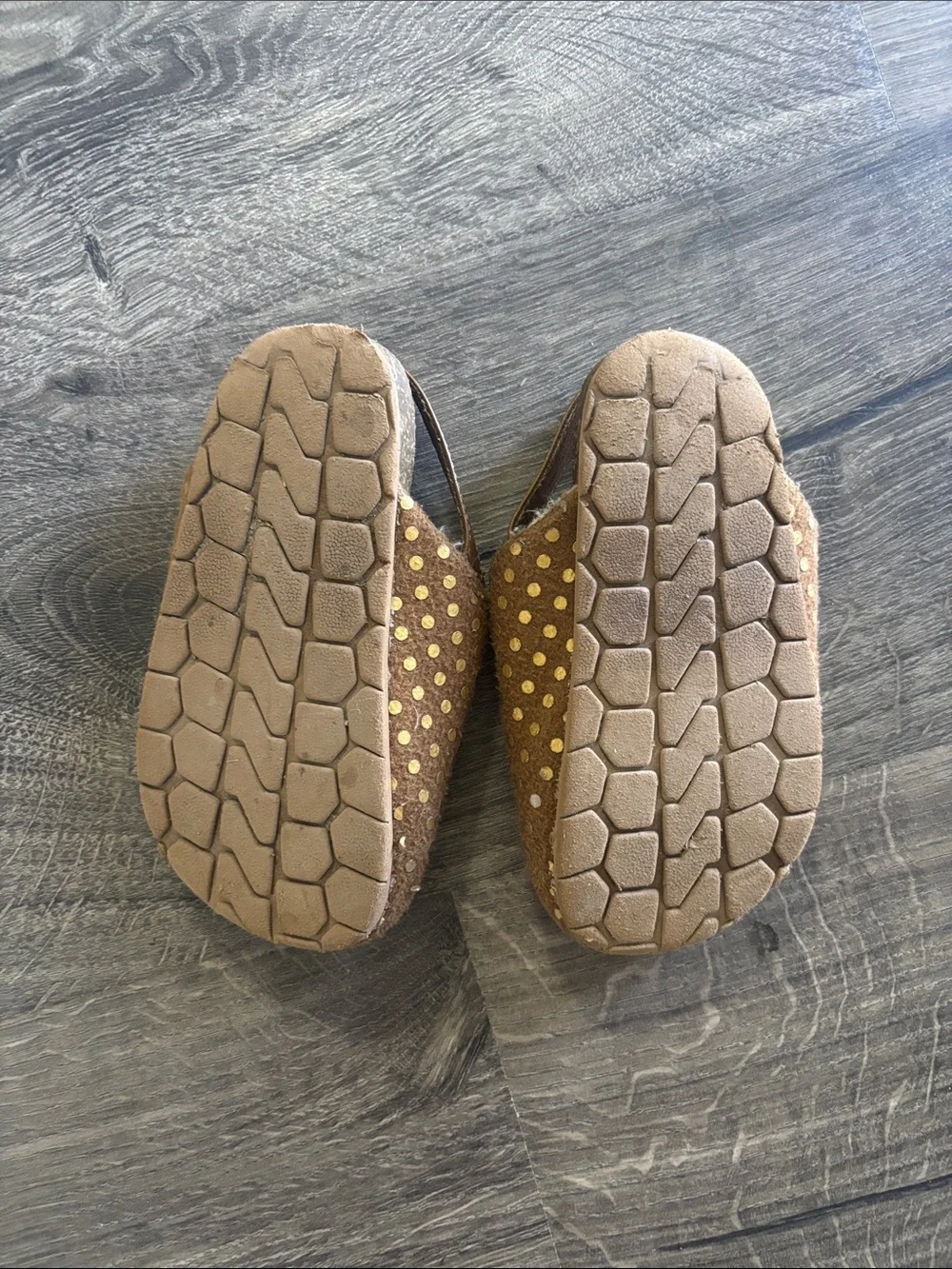 GAP Kids Tan Moccasins with Gold Polka Dots